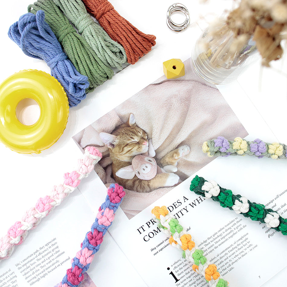 Macrame Kit Cute Cat Paw Wristband Keychain Weaving Kit | Multi-Colors | 2-Tone Pattern | Anti-Lost Strap/Bag Charm | Beginner-Friendly