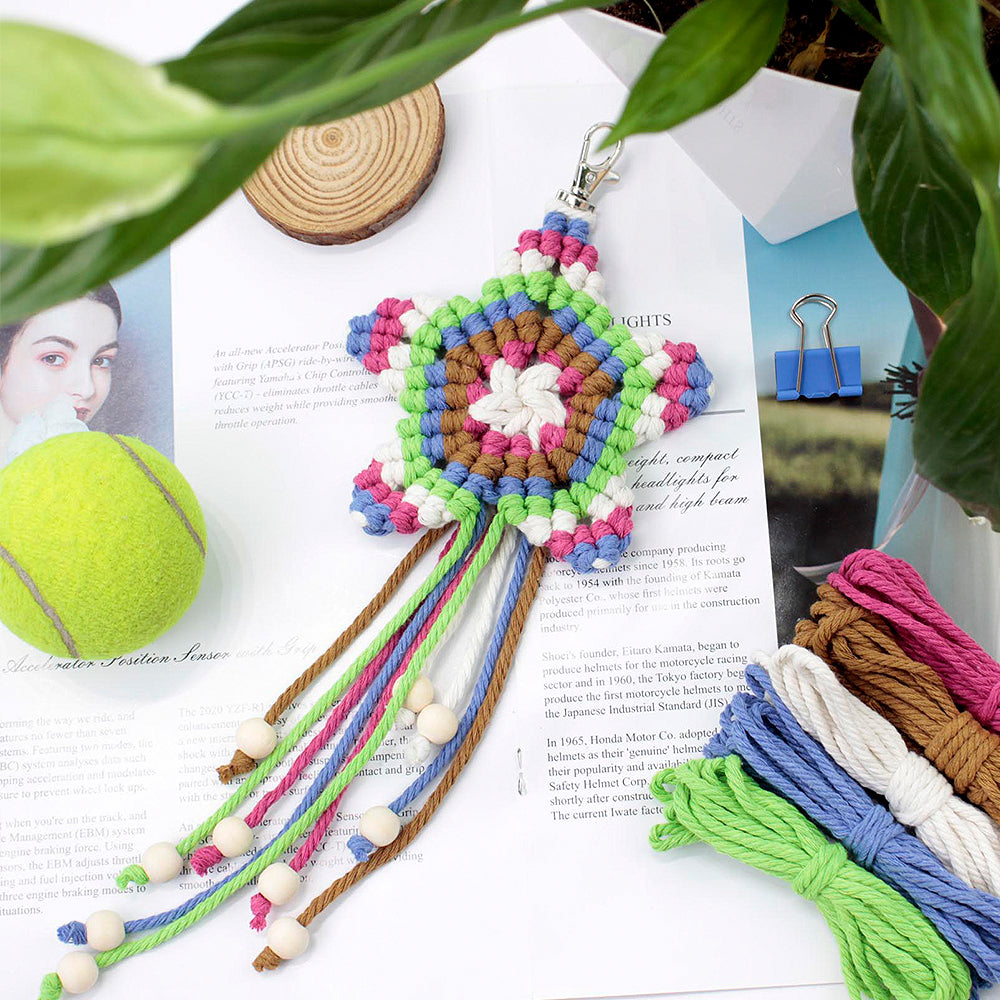 Macrame Kit 5-Pointed Star Keychain Weaving Kit | Multi-Colors |  Fringe + Wood Bead Decor | Wristband/Anti-Lost Strap | Beginner-Friendly