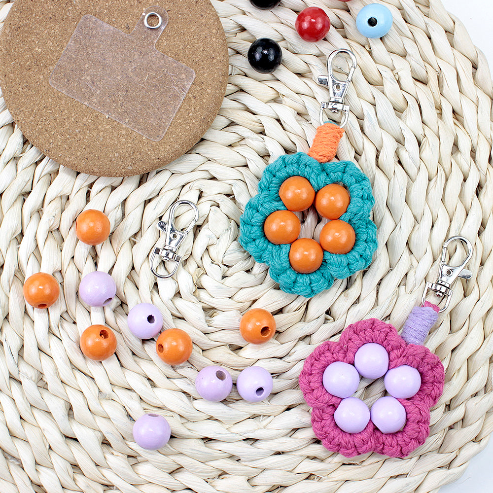 Wood Bead Flower Keychain Weaving Kit Macrame Kit | Multi-Colors | Cute Vitality | Bag Charm/Keychain | Beginner DIY Set