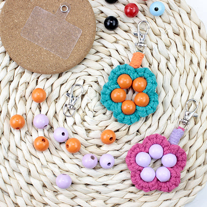 Wood Bead Flower Keychain Weaving Kit Macrame Kit | Multi-Colors | Cute Vitality | Bag Charm/Keychain | Beginner DIY Set