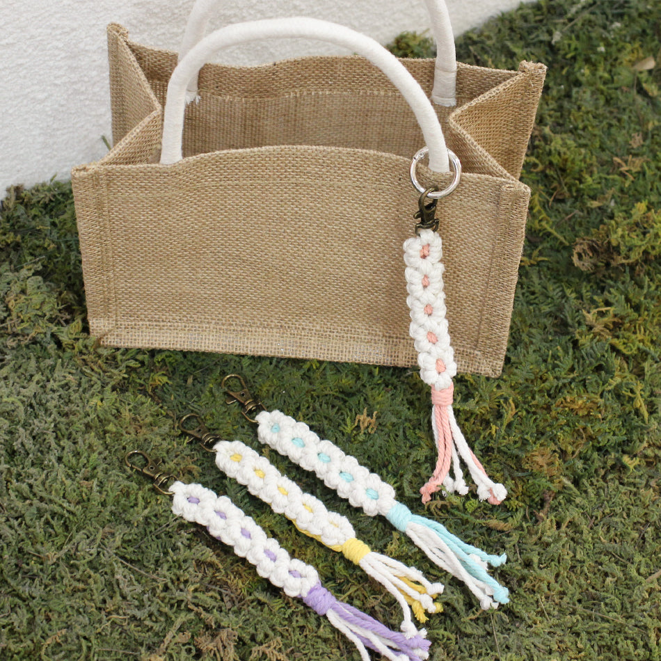 White Daisy Keychain Wristband Weaving Kit Macrame Kit: Premium Polyester Rope (2 colors, 3m each), Tutorial, Bronze Dog Clasp  Phone Clip, White Petals & Colored Center, Beginner-Friendly, For Pendants