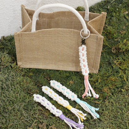 White Daisy Keychain Wristband Weaving Kit Macrame Kit: Premium Polyester Rope (2 colors, 3m each), Tutorial, Bronze Dog Clasp  Phone Clip, White Petals & Colored Center, Beginner-Friendly, For Pendants