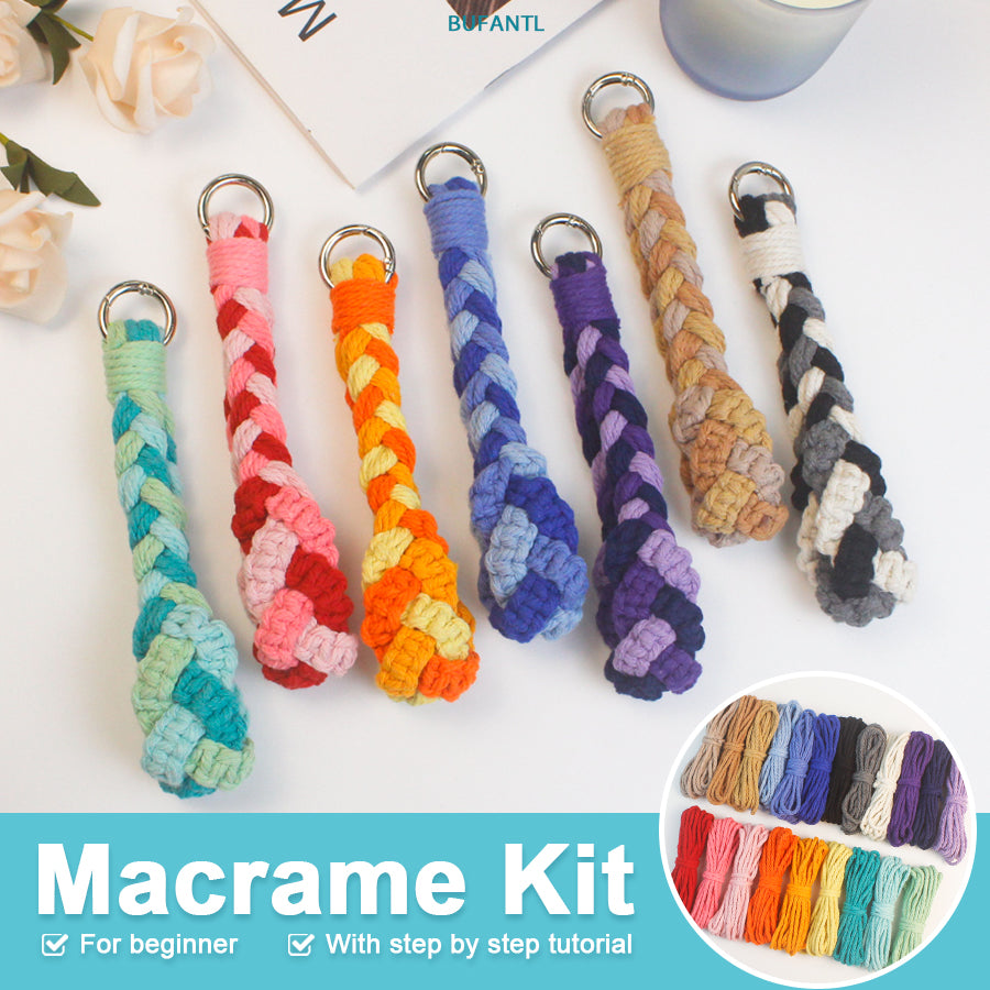 Three-Strand Flat Knot Keychain Weaving Material Pack Macrame Kit: High-Quality Polyester Weaving Rope, Detailed Tutorial, Key Ring Spring Clasp, Phone Clip. Braid Separately then Combine, Exquisite Bottom. For Beginners
