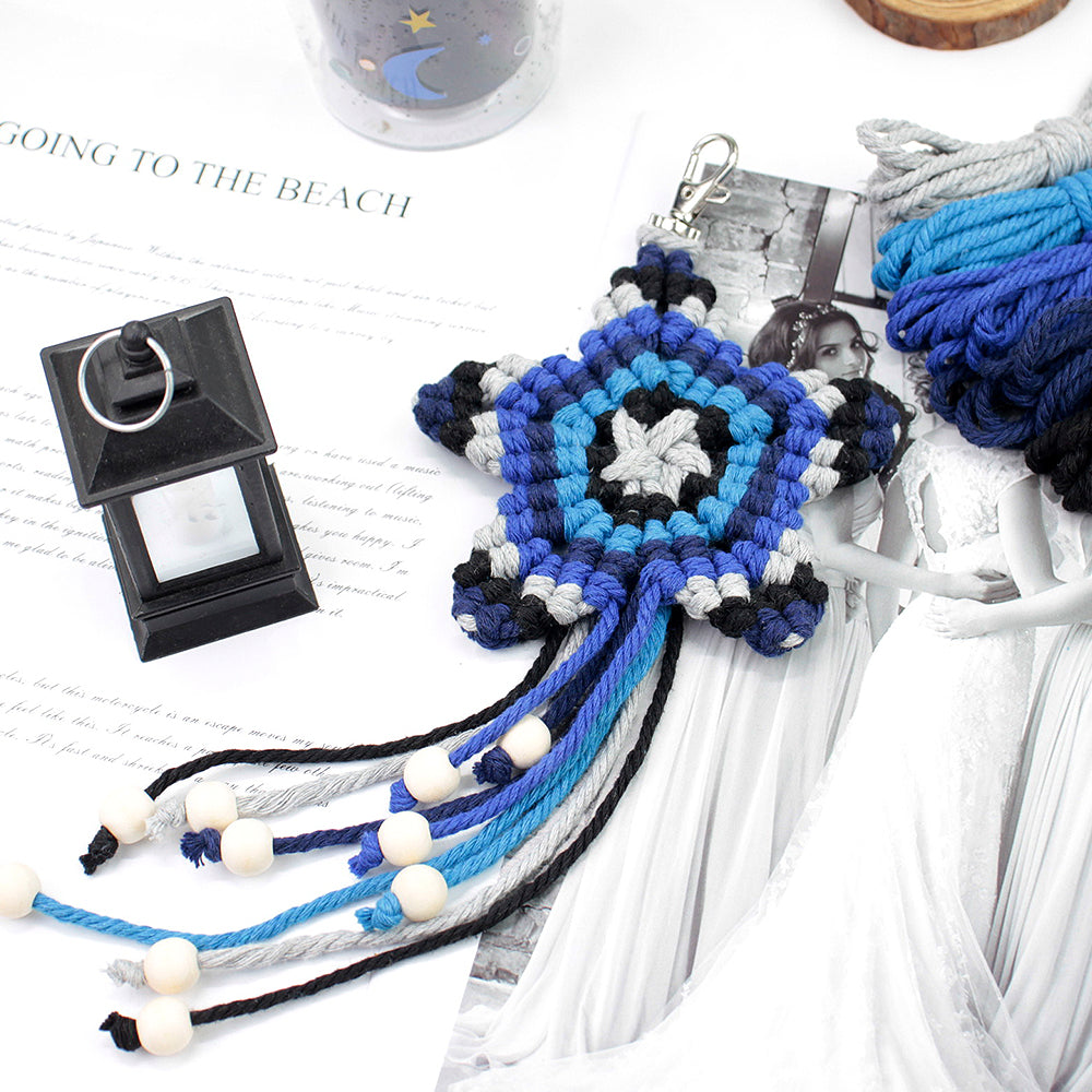 Macrame Kit 5-Pointed Star Keychain Weaving Kit | Multi-Colors |  Fringe + Wood Bead Decor | Wristband/Anti-Lost Strap | Beginner-Friendly