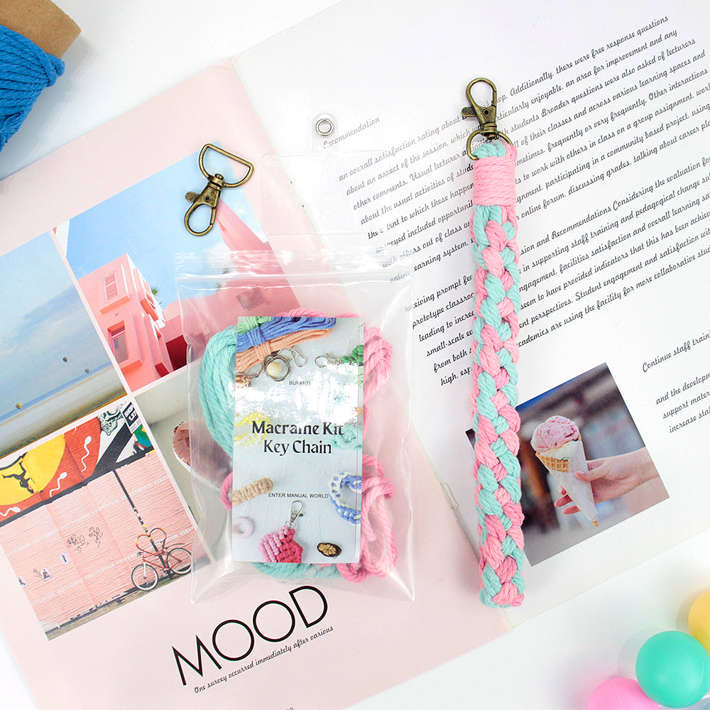 Macrame Kit Diagonal Half-Knot Keychain Weaving Kit | Multi-Colors (Gradient/Contrast) | 2-Color Wrapping | Wristband/Anti-Lost Strap | Beginner-Friendly