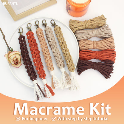 Solid color flower keychain weaving craft material package Macrame Kit, high-quality polyester rope (5 meters each for 2 colors), with tutorial, antique bronze lobster clasp + mobile phone clip, flower overlapping weaving + tassel, beginner-friendly