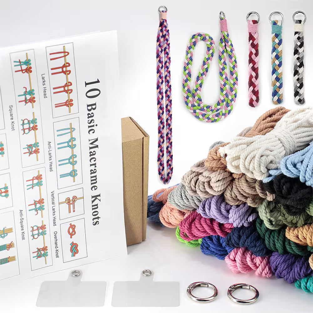 Macrame Kit for Beginners, Boho 2Pcs Braid Keychain & Lanyard DIY Craft Kit