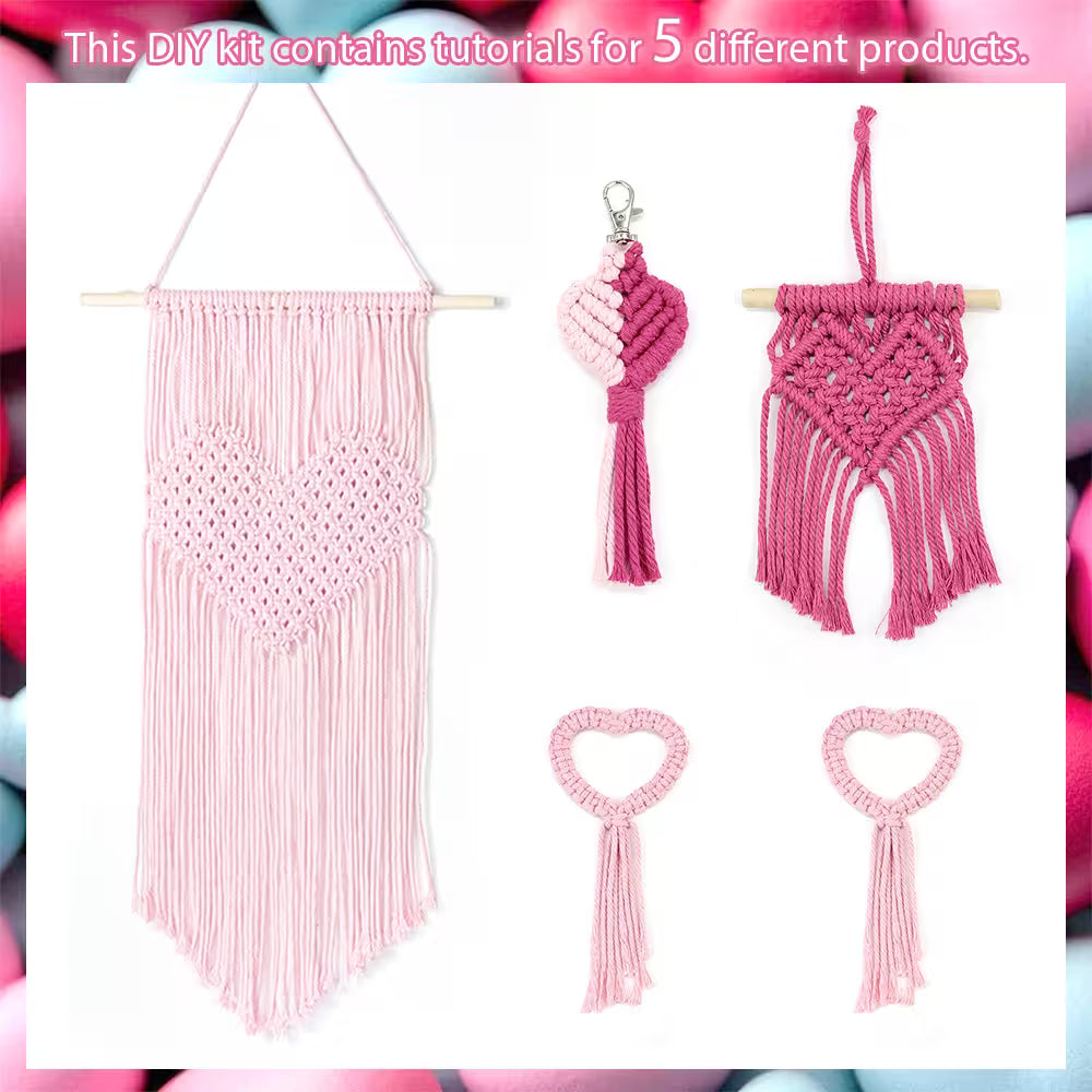 Macrame Kit for Beginners, Boho Heart DIY Craft Kit, Make 5 Heart Macrame Ornaments