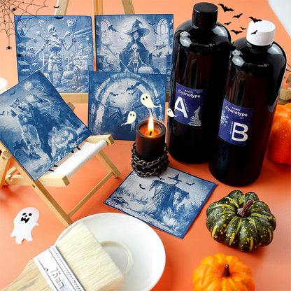 Halloween Cyanotype DIY Big Kit - 45 Sheets Sun Art Paper + 9 Halloween Films, Retro Printing/Mini Cyanotype Cards, For Beginners cyanotype set