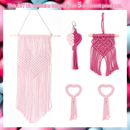 Macrame Kit Heart Series 4-Piece Combo Kit | Tassel Heart Tapestry/Keychain/Napkin Ring | Bohemian Style | Beginner Weaving
