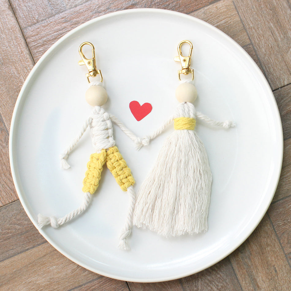 Macrame Kit Boy & Girl Handmade Weaving Keychain Set Movable Limbs, Fringe Skirt | Valentine's Day Gift, Beginner-Friendly