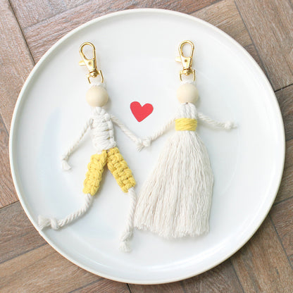 Macrame Kit Boy & Girl Handmade Weaving Keychain Set Movable Limbs, Fringe Skirt | Valentine's Day Gift, Beginner-Friendly