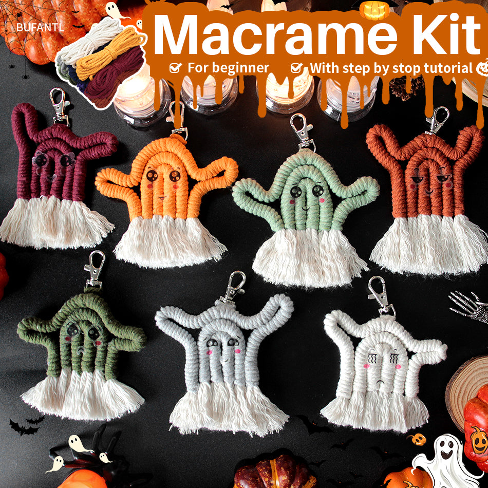 Halloween Ghost Macrame DIY Kit - Handmade Weaving Supplies with English Tutorial | Whimsical Holiday Craft Set