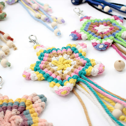Macrame Kit 5-Pointed Star Keychain Weaving Kit | Multi-Colors |  Fringe + Wood Bead Decor | Wristband/Anti-Lost Strap | Beginner-Friendly