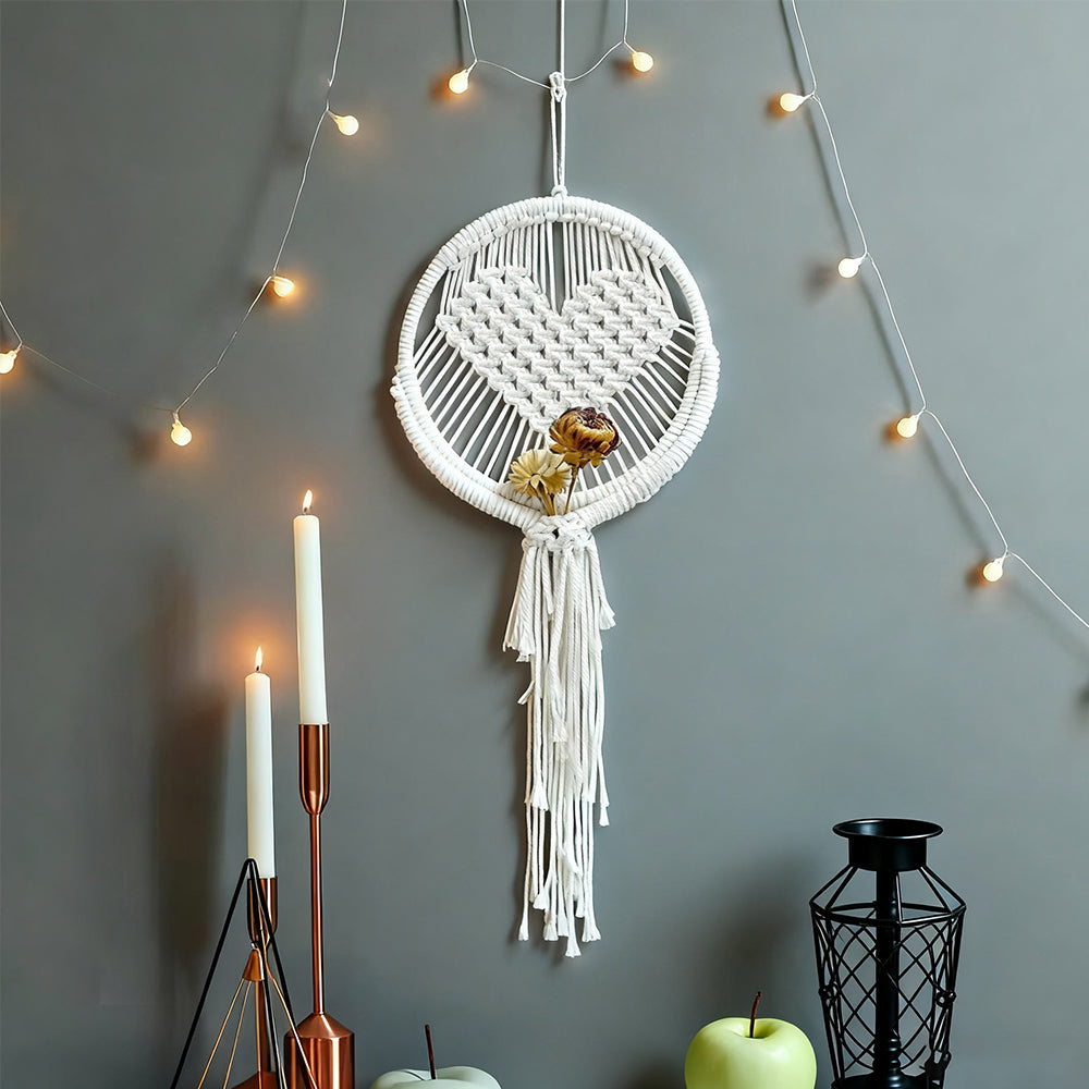 Macrame Kit for Beginners, Handwoven Heart Dry Flower Hanger, Aesthetic Wall Tapestry Ornament, DIY Weaving Supplies for Wedding Background, Home & Homestay Soft Decoration