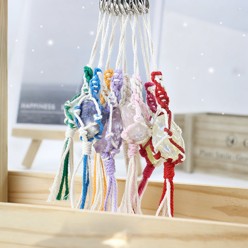 1 Set Handmade Crystal Chip Keychain DIY Macraem Kit, Polyester Fiber Creative Craft Materials for Beginners