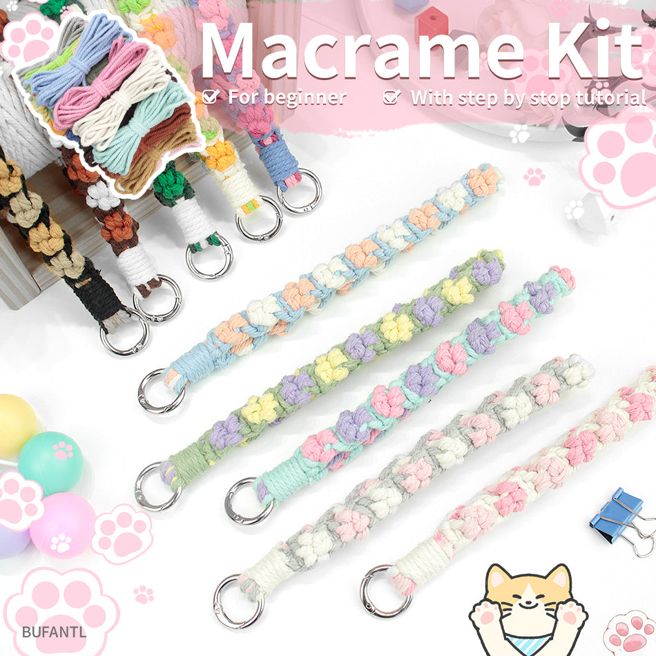 Macrame Kit Cute Cat Paw Wristband Keychain Weaving Kit | Multi-Colors | 2-Tone Pattern | Anti-Lost Strap/Bag Charm | Beginner-Friendly