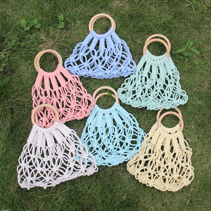 Macrame Kit Hollow Bag Weaving Kit | Dopamine Colors | Wooden Ring Handle | Commute/Outing Use | Beginner-Friendly