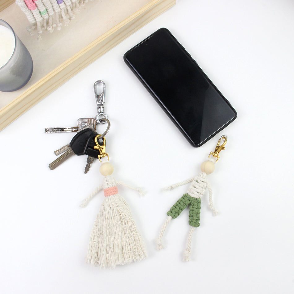 Macrame Kit Boy & Girl Handmade Weaving Keychain Set Movable Limbs, Fringe Skirt | Valentine's Day Gift, Beginner-Friendly