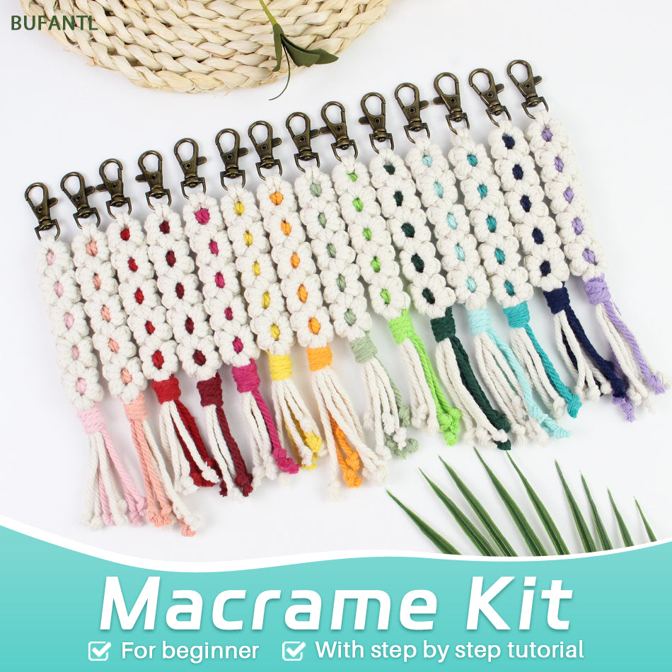 White Daisy Keychain Wristband Weaving Kit Macrame Kit: Premium Polyester Rope (2 colors, 3m each), Tutorial, Bronze Dog Clasp  Phone Clip, White Petals & Colored Center, Beginner-Friendly, For Pendants