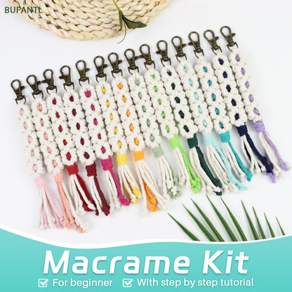 White Daisy Keychain Wristband Weaving Kit Macrame Kit: Premium Polyester Rope (2 colors, 3m each), Tutorial, Bronze Dog Clasp  Phone Clip, White Petals & Colored Center, Beginner-Friendly, For Pendants
