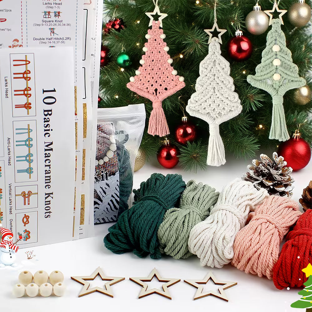 Macrame Kit for Beginners, Boho 3Pcs Christmas Tree Ornaments DIY Macrame Craft Kit