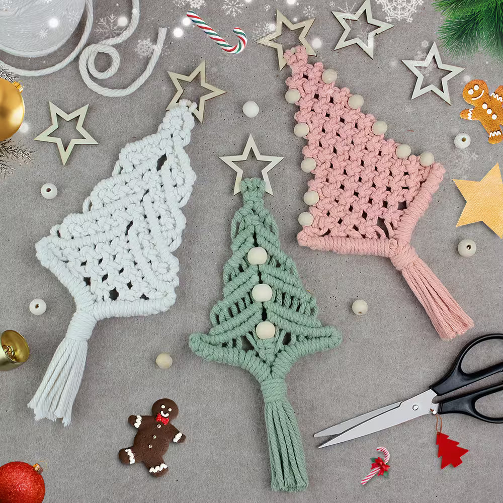 Macrame Kit for Beginners, Boho 3Pcs Christmas Tree Ornaments DIY Macrame Craft Kit