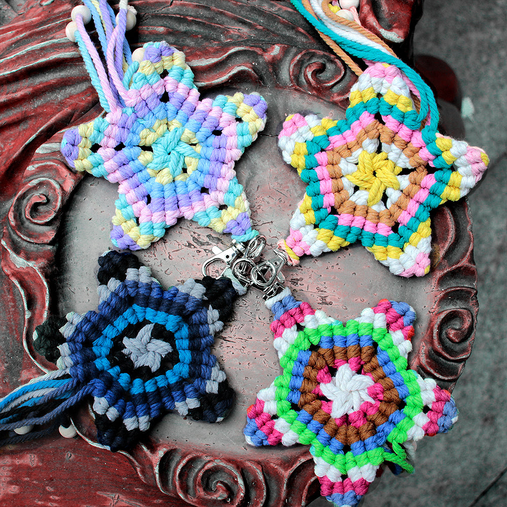Macrame Kit 5-Pointed Star Keychain Weaving Kit | Multi-Colors |  Fringe + Wood Bead Decor | Wristband/Anti-Lost Strap | Beginner-Friendly