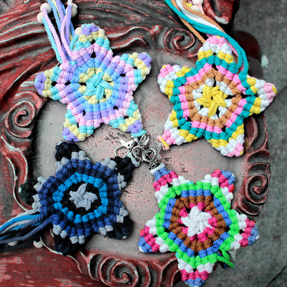 Macrame Kit 5-Pointed Star Keychain Weaving Kit | Multi-Colors |  Fringe + Wood Bead Decor | Wristband/Anti-Lost Strap | Beginner-Friendly