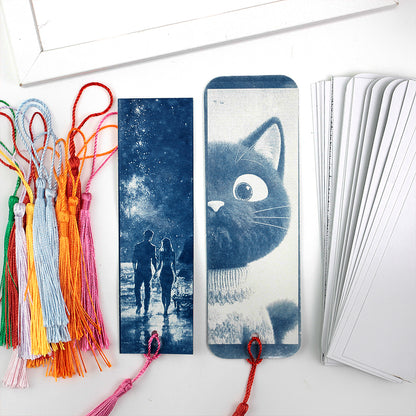 Handmade Cyanotype Bookmark Material Pack - 24 Sheets 414cm Light-Sensitive Cyanotype Paper + 24 Tassels, Sun Printing Paper Retro Photography, Homemade Bookmark Parent-Child Experience