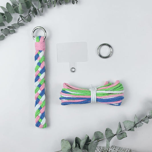 Macrame Kit: 4-strand Braid Keychain Weaving Craft Material Pack. 4 colored ropes (1.5m each, gradient/color contrast options). Includes tutorial, 1 key ring with spring clasp, 1 phone clip. For beginnersDIY enthusiasts. Use as keychain, phone pendant