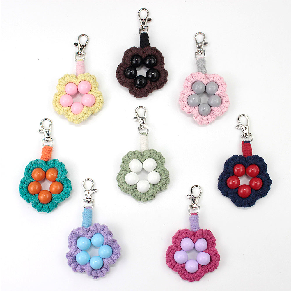 Wood Bead Flower Keychain Weaving Kit Macrame Kit | Multi-Colors | Cute Vitality | Bag Charm/Keychain | Beginner DIY Set