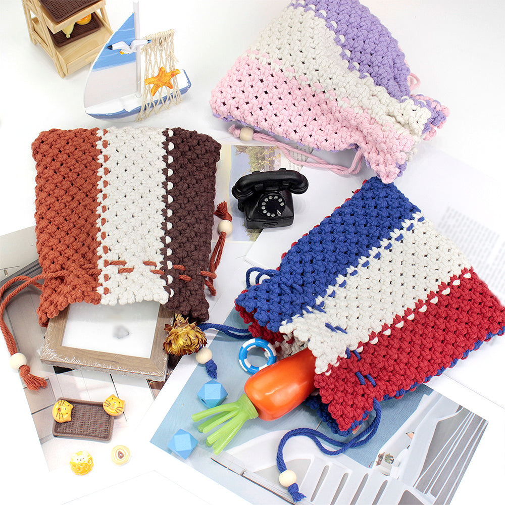 Macrame Kit Fortune Bag Storage Weaving Kit | 3-Color Patchwork | Drawstring Closure | Beginner-Friendly | Bead Accent | DIY Gift