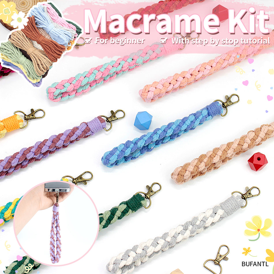 Macrame Kit Diagonal Half-Knot Keychain Weaving Kit | Multi-Colors (Gradient/Contrast) | 2-Color Wrapping | Wristband/Anti-Lost Strap | Beginner-Friendly