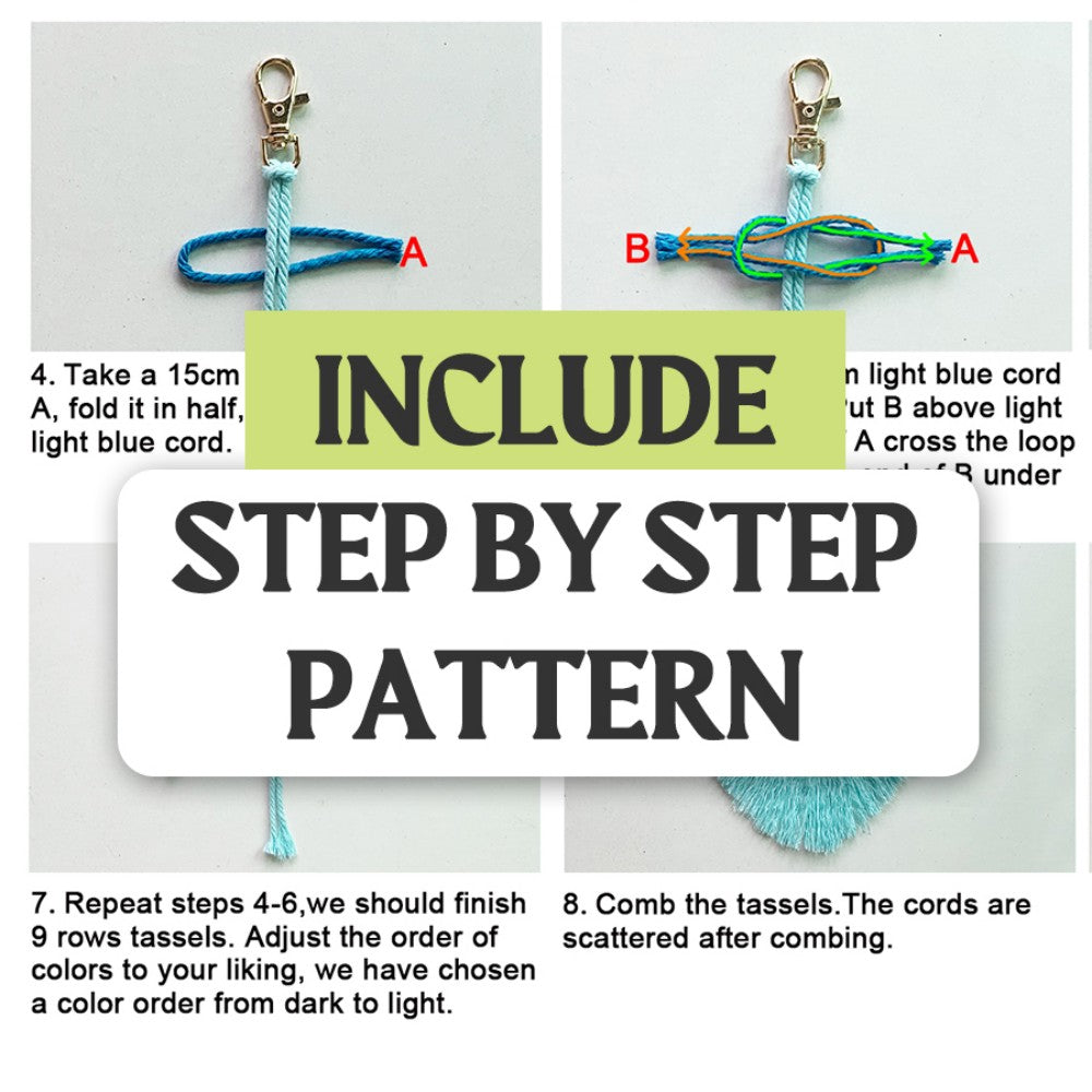 Macrame Kit: Fringed Leaf Keychain Weaving Handcraft Material Package, with detailed tutorials + high-quality polyester ropes. Three-color gradient (fresh), usable as keychains, mobile pendants, bag accessories, small ornaments.
