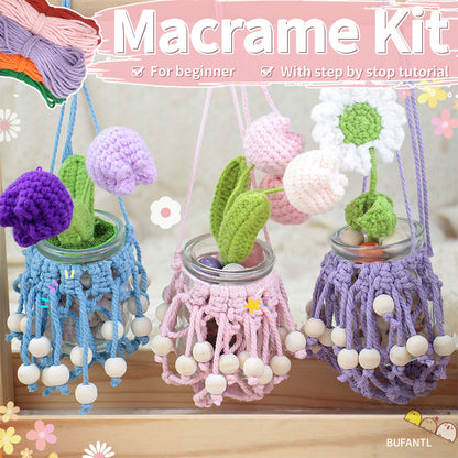 DIY Enthusiasts Mini Storage Hanger Macrame Kit | Cute Wooden Bead Plant Net Bag Weaving Kit | Home Decoration Hanging Basket
