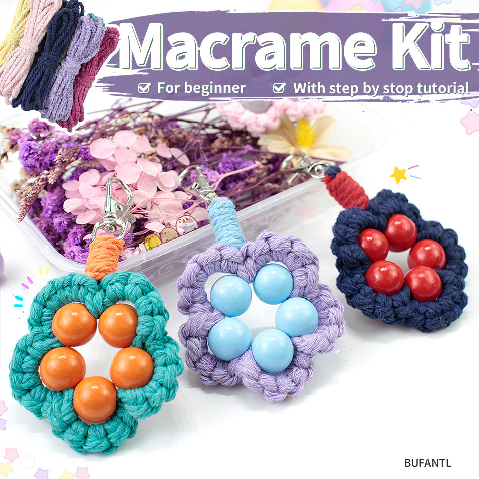 Wood Bead Flower Keychain Weaving Kit Macrame Kit | Multi-Colors | Cute Vitality | Bag Charm/Keychain | Beginner DIY Set