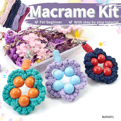 Wood Bead Flower Keychain Weaving Kit Macrame Kit | Multi-Colors | Cute Vitality | Bag Charm/Keychain | Beginner DIY Set
