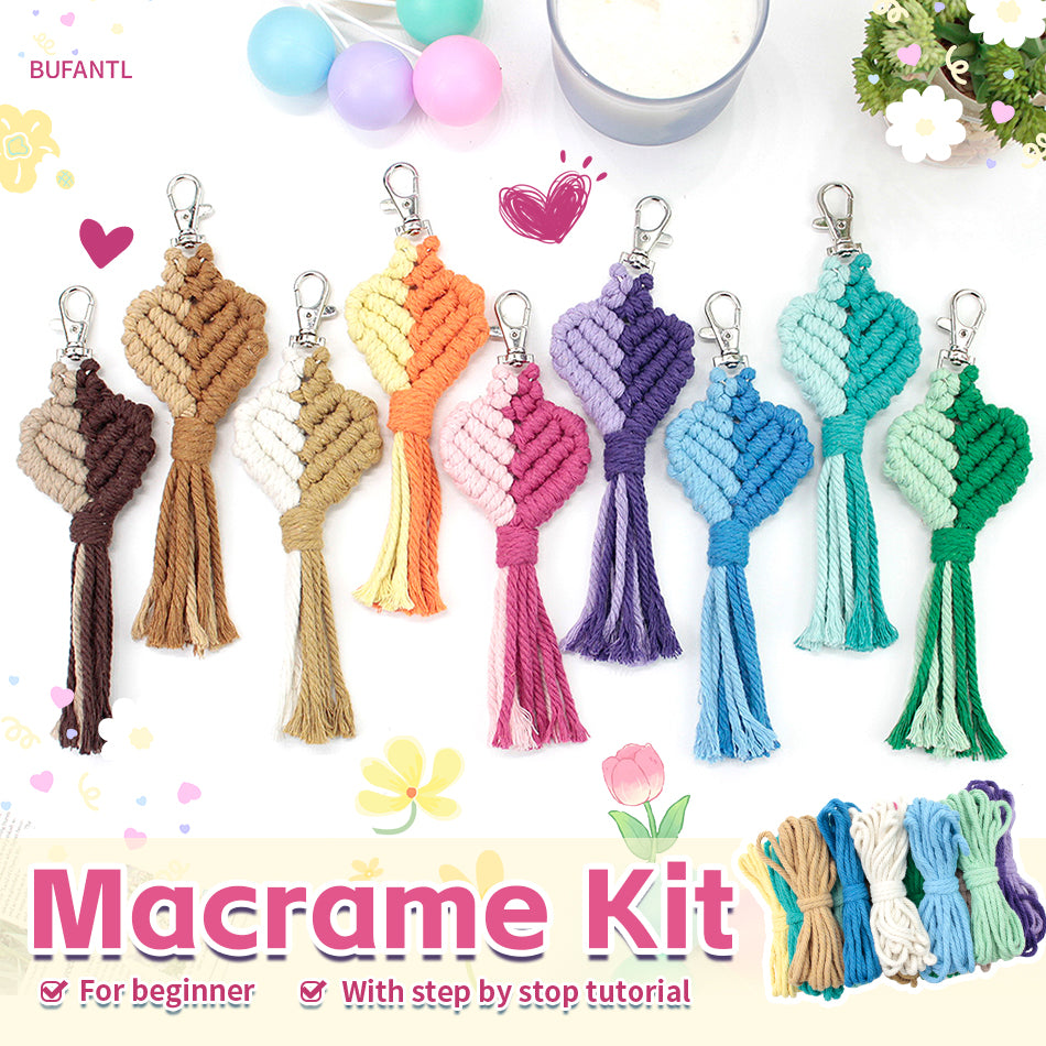 Macrame Keychain DIY Kit - Heart-Shaped Handmade Weaving Supplies with English Tutorial | Craft Set