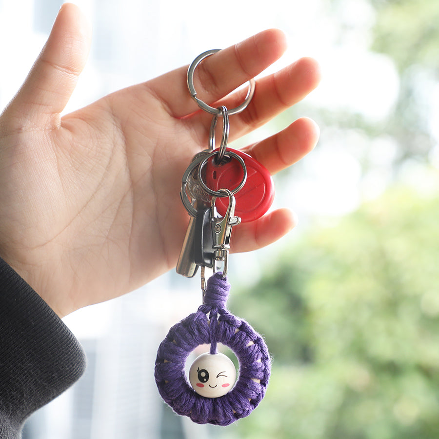 Macrame Kit: Wooden Bead Emoji Keychain Weaving Craft Material Pack. With Tutorial, Polyester Cord, Silver Lobster Clasp, 40mm Wooden Ring, Phone Clip. Beginner DIY (Keychain/Small Ornament)