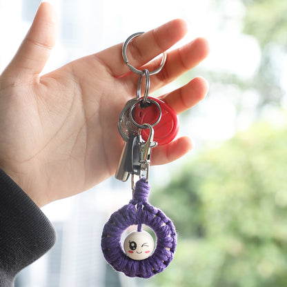 Macrame Kit: Wooden Bead Emoji Keychain Weaving Craft Material Pack. With Tutorial, Polyester Cord, Silver Lobster Clasp, 40mm Wooden Ring, Phone Clip. Beginner DIY (Keychain/Small Ornament)