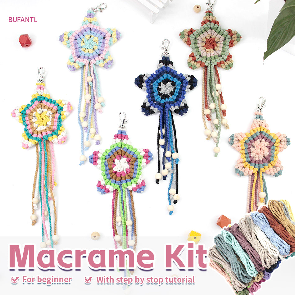 Macrame Kit 5-Pointed Star Keychain Weaving Kit | Multi-Colors |  Fringe + Wood Bead Decor | Wristband/Anti-Lost Strap | Beginner-Friendly