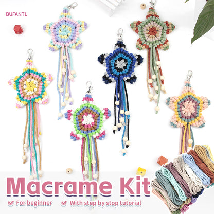 Macrame Kit 5-Pointed Star Keychain Weaving Kit | Multi-Colors |  Fringe + Wood Bead Decor | Wristband/Anti-Lost Strap | Beginner-Friendly