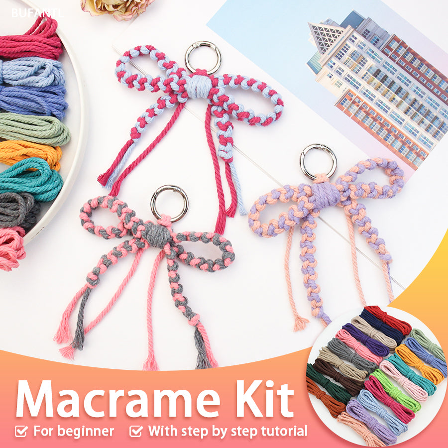 Bow Keychain Weaving Craft Material Pack Macrame Kit - High-quality Polyester Rope (2 meters each in 2 colors) with Tutorial, Key Ring with Spring Clasp, Phone Clip, Bohemian Style, Beginner-friendly