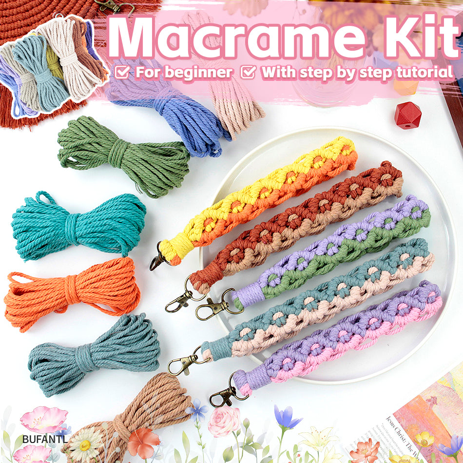 Two-tone spliced diagonal half-knot keychain weaving craft material pack Macrame Kit. High-quality polyester fiber rope + detailed weaving tutorial. Multi-purpose (key organization / mobile phone pendant / bag accessory, etc.).