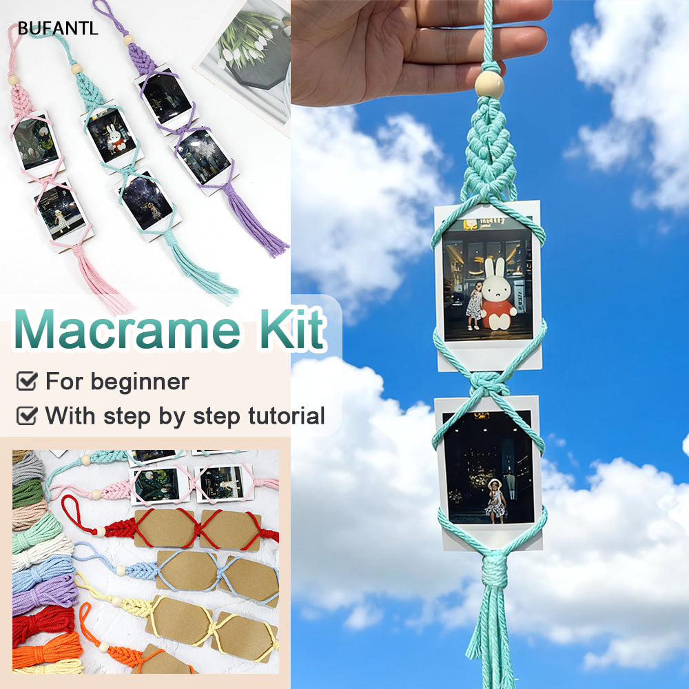 Macrame Kit for Beginners, Bohemian Woven Photo Frame Hanger, Polyester Fiber Handmade Polaroid Display Holder, DIY Craft Kit for Aesthetic Wall Decor, Car Pendant & Gift