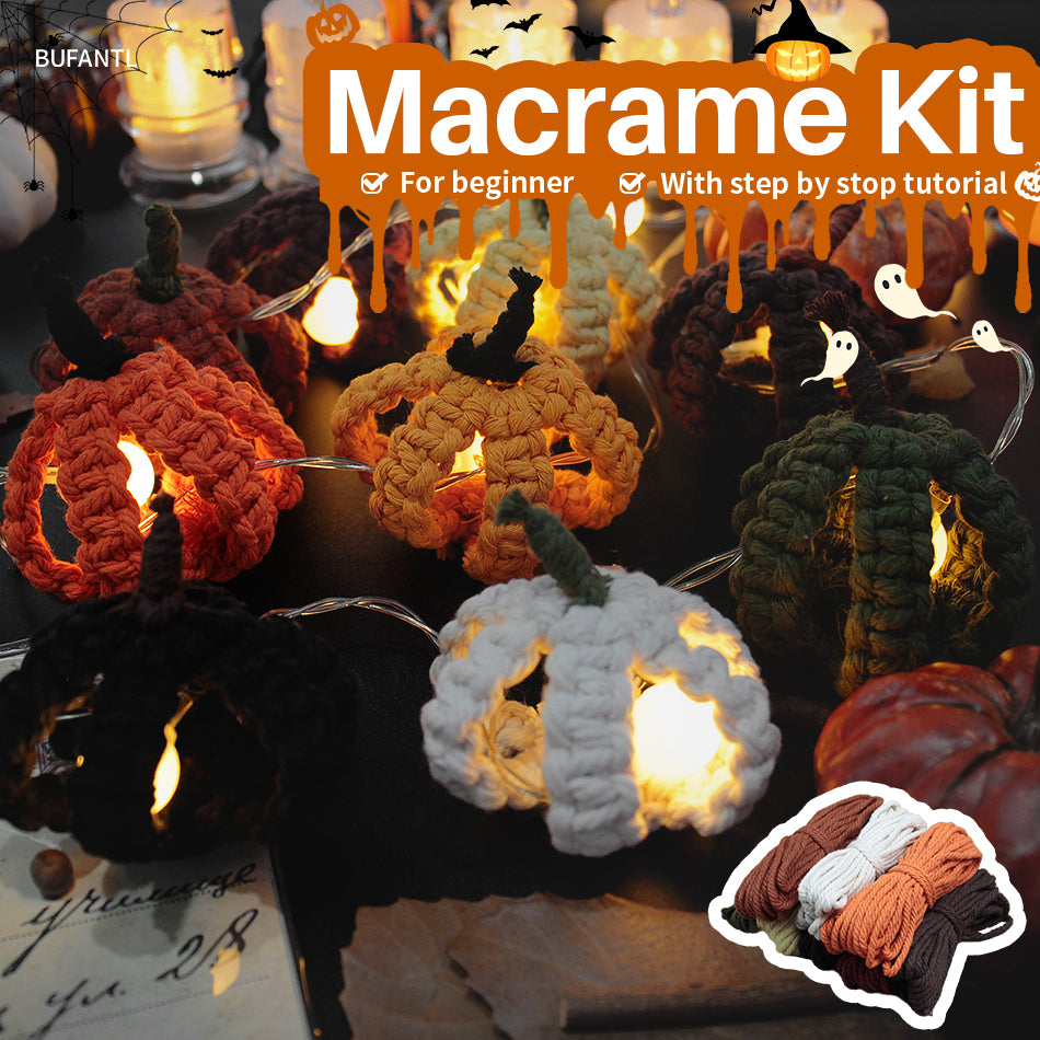 Halloween Pumpkin Macrame DIY Kit - Handmade Weaving Supplies with English Tutorial | Holiday Craft Set