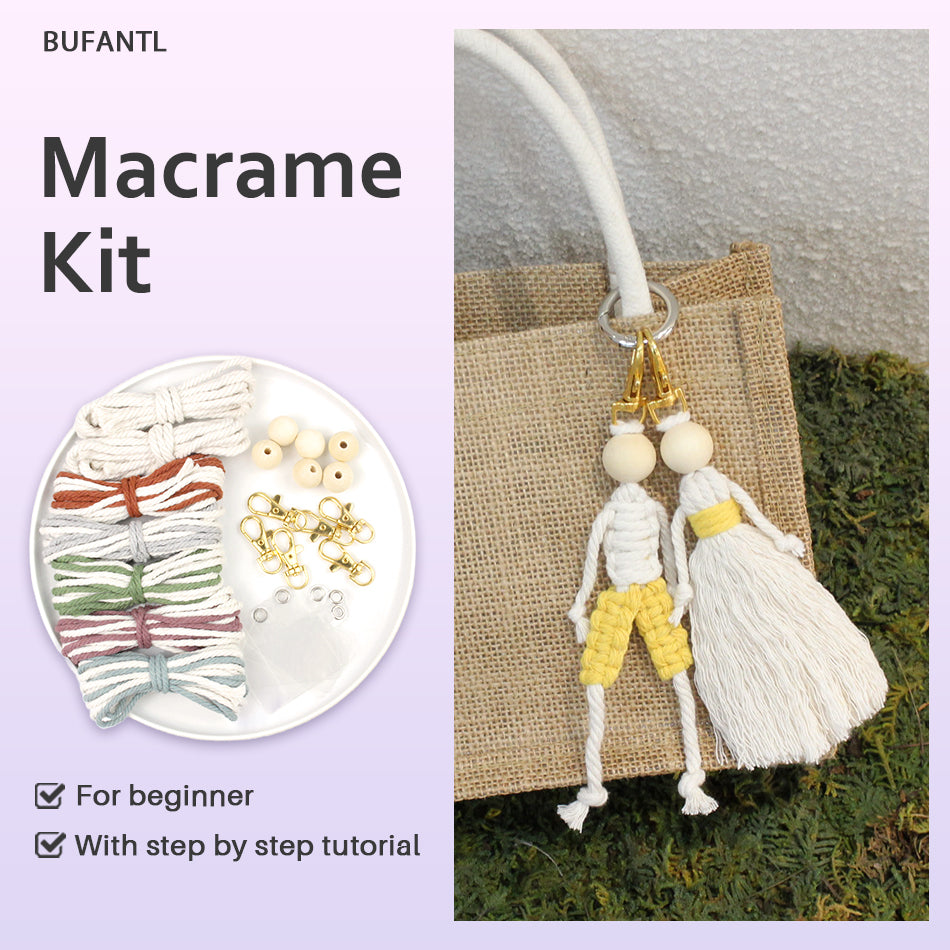 Macrame Kit Boy & Girl Handmade Weaving Keychain Set Movable Limbs, Fringe Skirt | Valentine's Day Gift, Beginner-Friendly