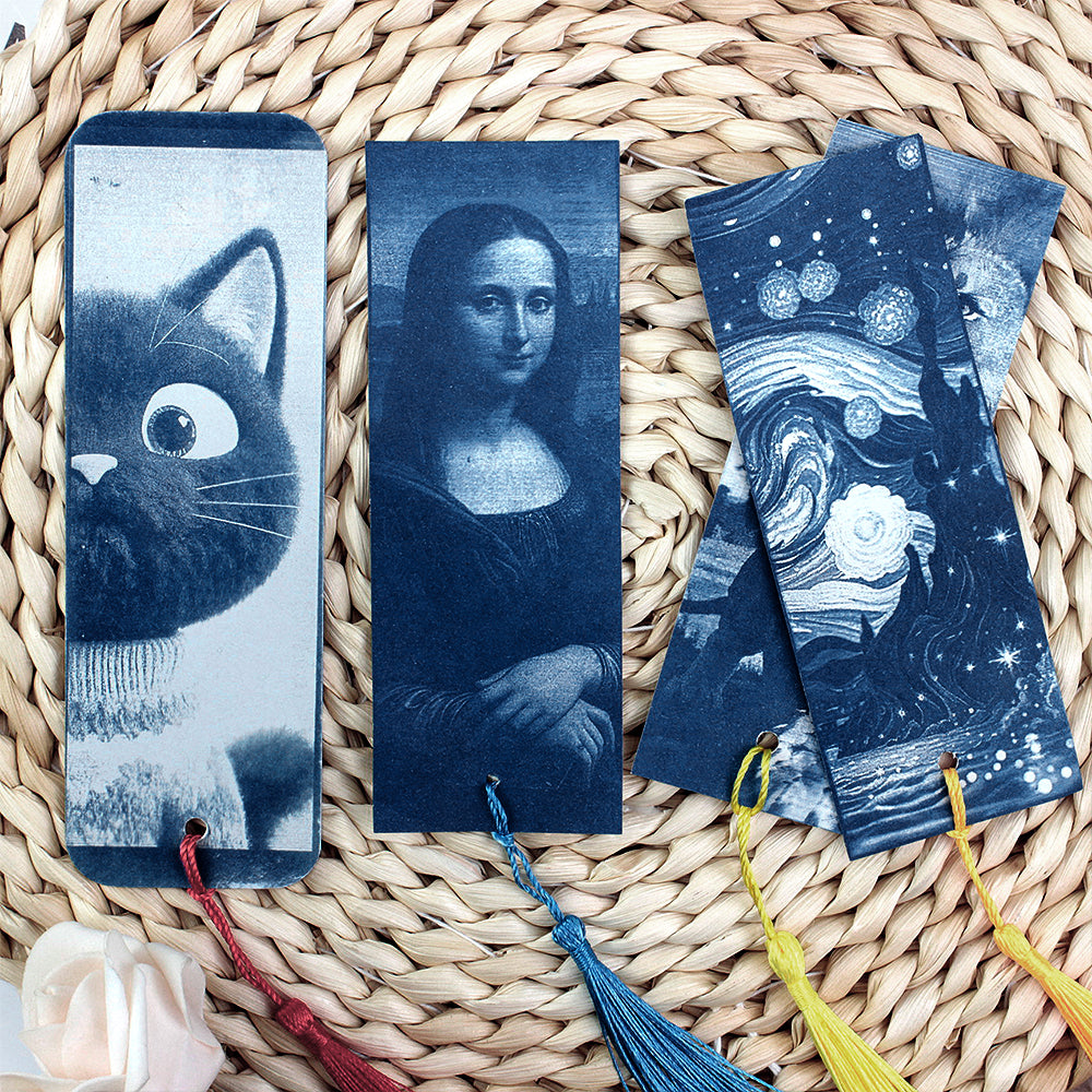 Handmade Cyanotype Bookmark Material Pack - 24 Sheets 414cm Light-Sensitive Cyanotype Paper + 24 Tassels, Sun Printing Paper Retro Photography, Homemade Bookmark Parent-Child Experience