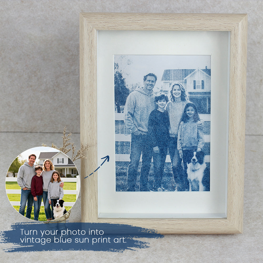 Custom framed cyanotype photo print, upload your photo, white and yellow frame options, handmade blue art keepsake
